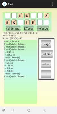 Écran d'application de jeu d'anagrammes avec mots de 7 lettres commençant par A