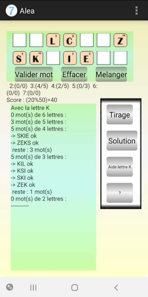 Écran d'application de jeu d'anagrammes avec mots de 7 lettres commençant par A