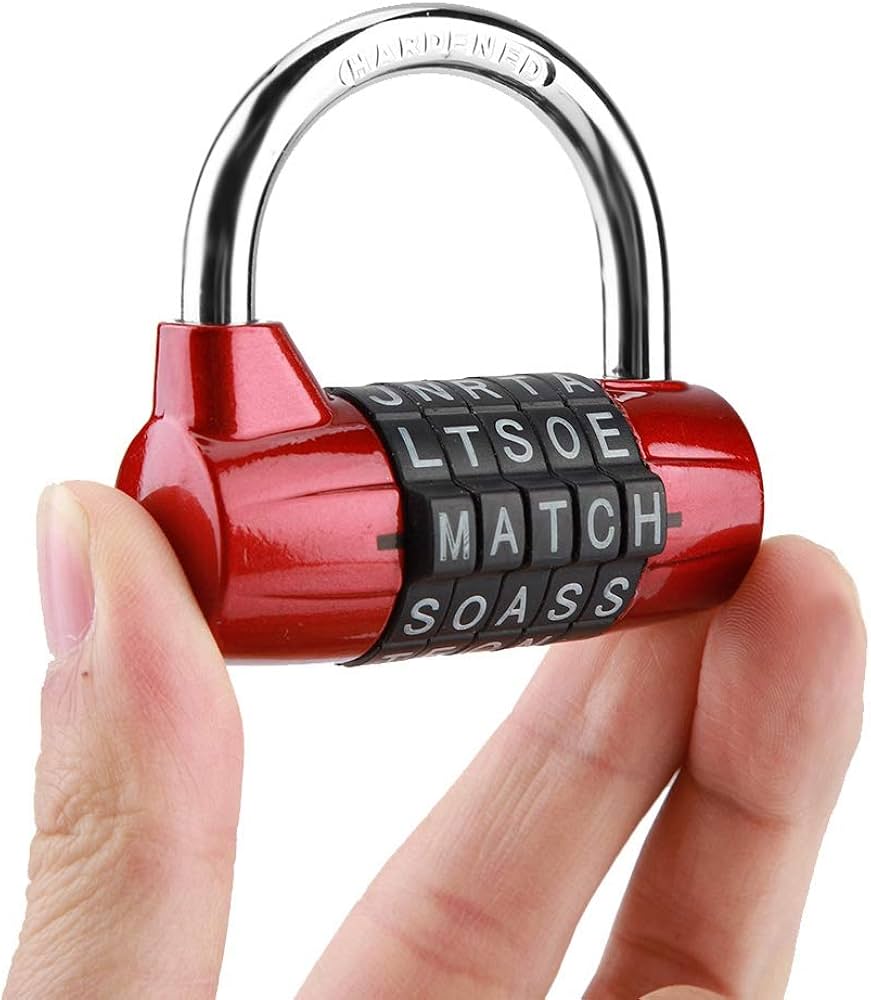 Cadenas à combinaison affichant un mot de passe de 5 lettres, illustrant l'utilisation de lettres pour créer des mots