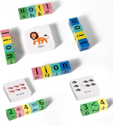 Jeu éducatif de lettres en bois pour apprendre les mots de 5 lettres se terminant par 'ion'