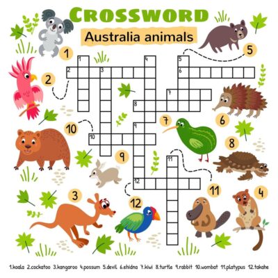 Jeu de mots croisés avec des animaux pour enfants illustrant des noms en 8 lettres