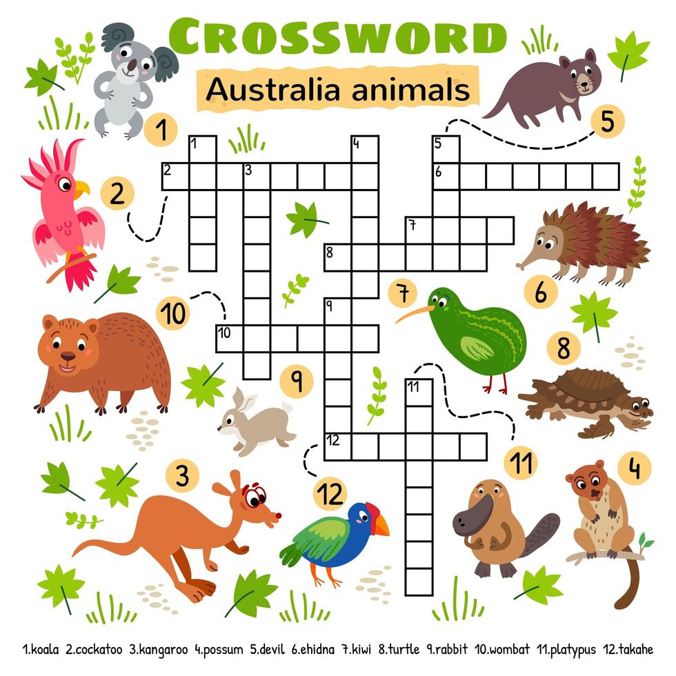 Jeu de mots croisés avec des animaux pour enfants illustrant des noms en 8 lettres
