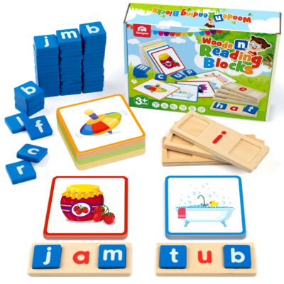 Puzzle éducatif en bois avec lettres colorées illustrant des mots de sept lettres commençant par une voyelle