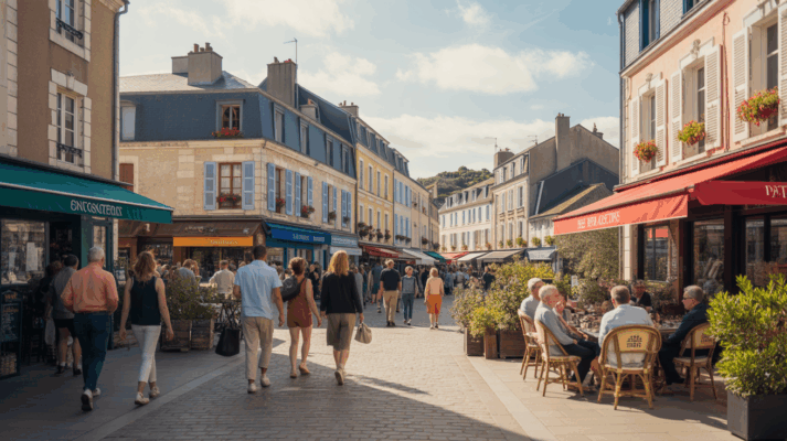 Scène réaliste d'une ville française authentique un après-midi ensoleillé, avec habitants, commerces et bâtiments typiques symbolisant la diversité des lieux où investir en France en 2026.